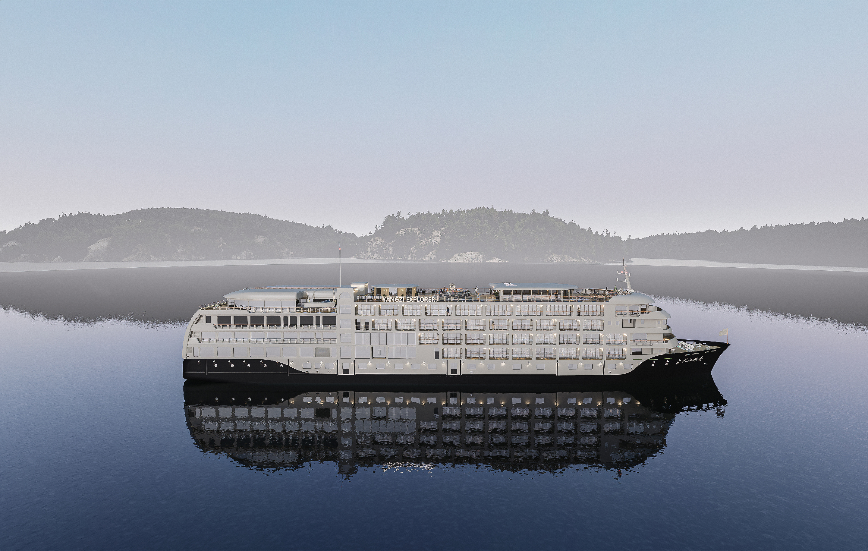 邮轮豪华舱室内部，双人床铺整洁，大窗户面向江景，装饰典雅